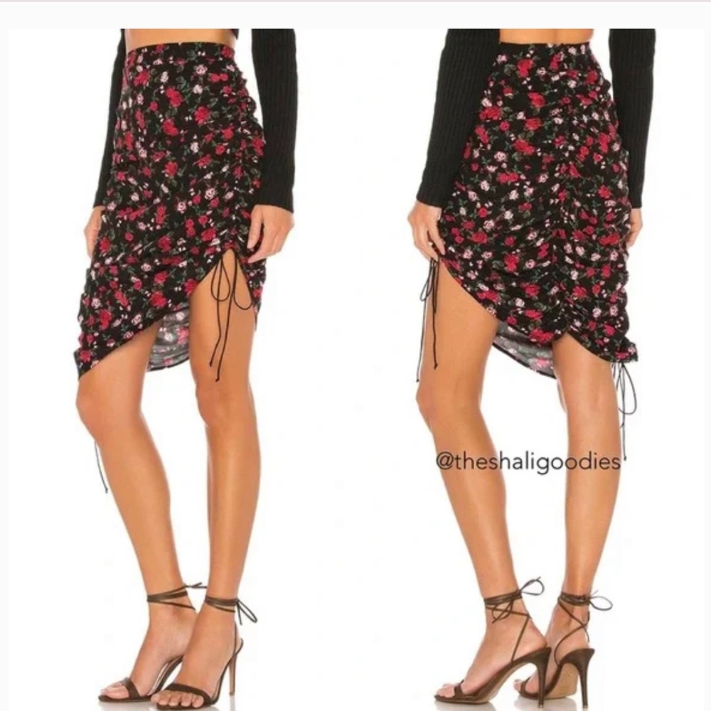 For Love & Lemons Molly Black Floral Roses Ruched Midi Hi Lo Skirt